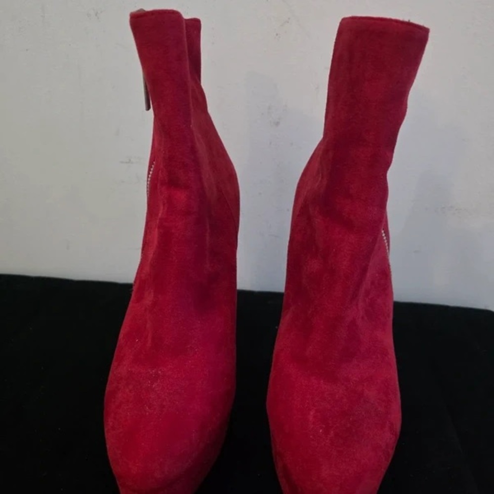 Red Suede Stretch Heeled Ankle Boots